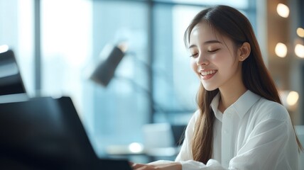 Asian women singing gracefully in a modern studio with minimalistic decor and soft, ambient lighting.