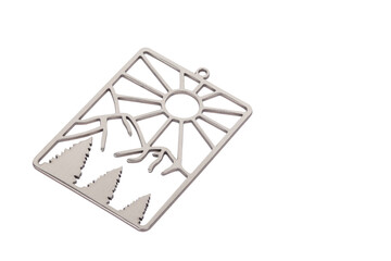 Geometric Nature Scene Metal Cutout: Gold-Toned Pendant Charm with Sun, Mountains, and Trees - Minimalist Landscape Design for Jewelry Making and Crafts