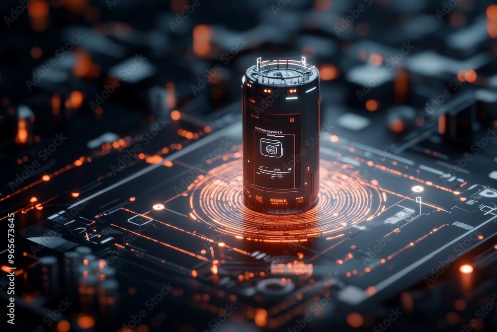 Poster a futuristic technological device displayed on a digital circuit board, surrounded by glowing orange