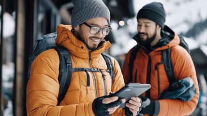 Asian men reviewing sports equipment and gear in a specialized outdoor shop.