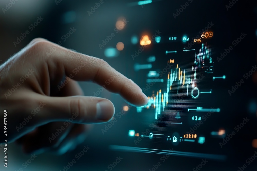 Poster a human hand interacts with a touch screen displaying data analytics, emphasizing the role of techno