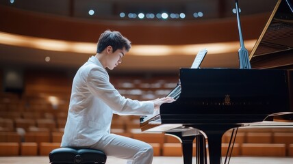 Asian men playing a grand piano on a concert stage, the powerful notes resonating in the auditorium.