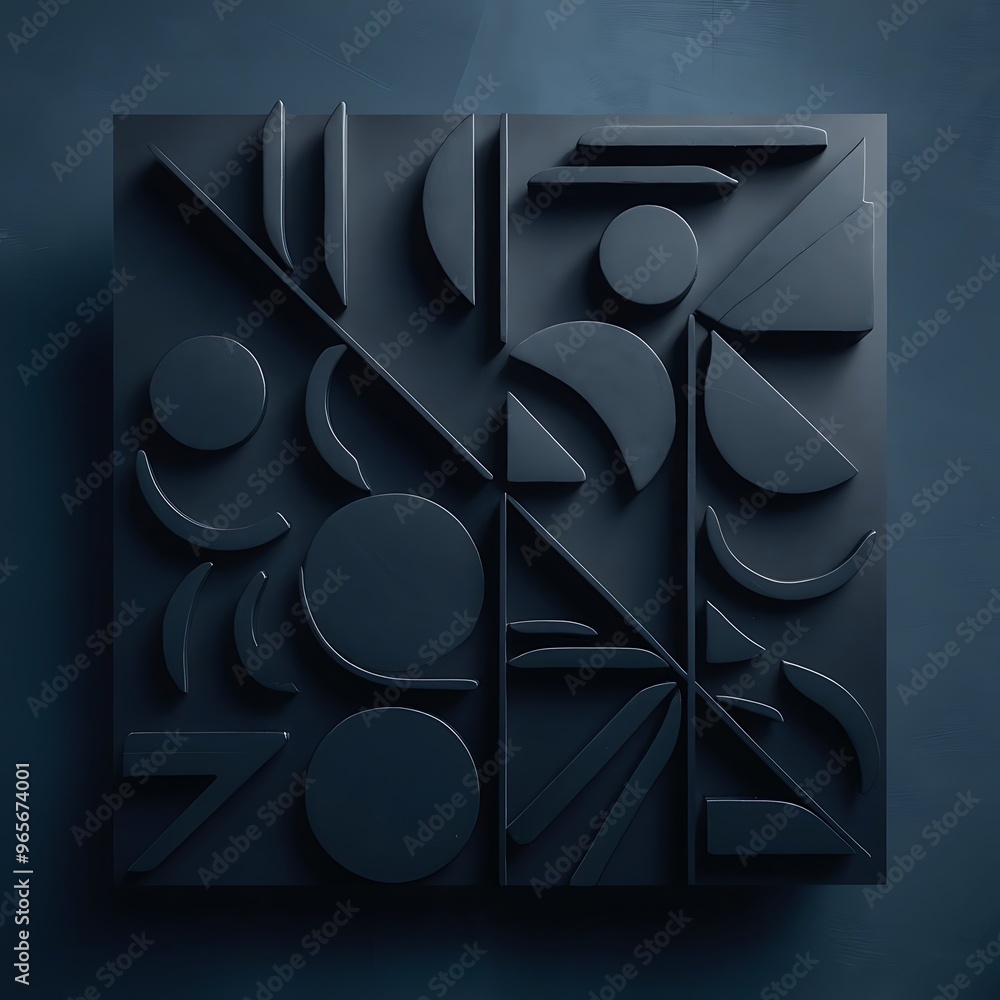 Sticker Black abstract geometric shapes on dark background, top view, copy space