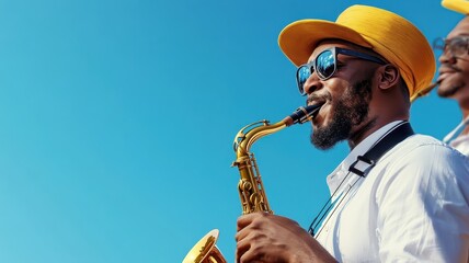 Muslim people playing saxophones at a cultural festival, their music bringing joy to all.