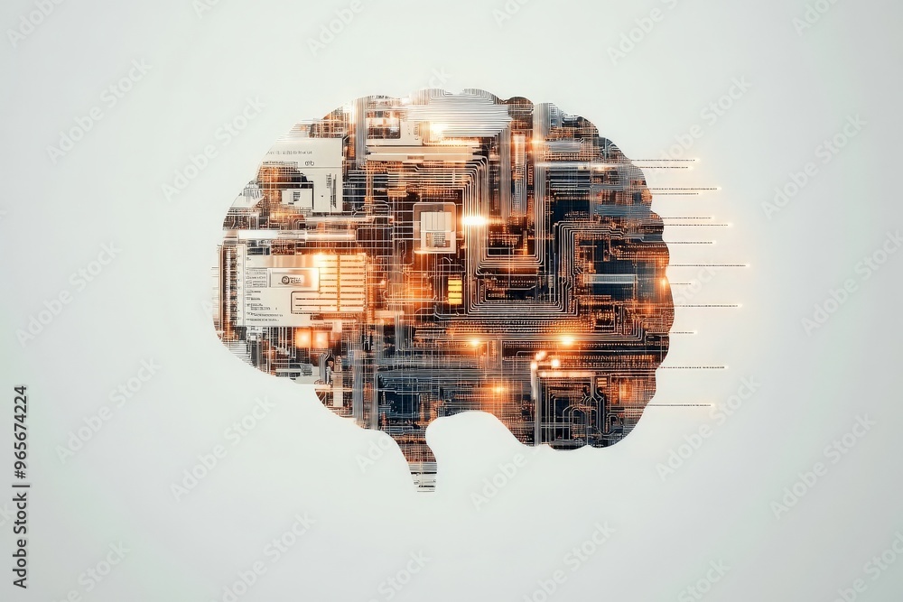 Poster a futuristic representation of a human brain depicted as a circuit board, symbolizing the merging of