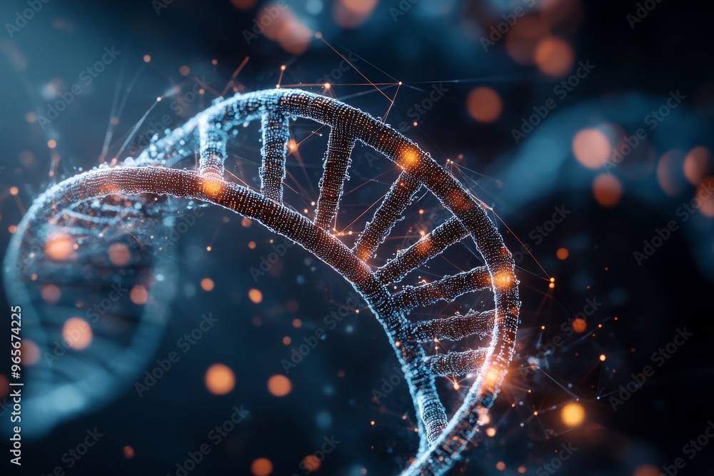 Poster a digitally rendered image depicting a glowing dna helix with various abstract patterns and points o