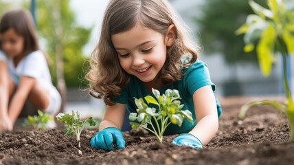 Kid helping in a school garden project, planting and nurturing vegetables with classmates, demonstrating enthusiasm and teamwork in a hands-on learning environment.