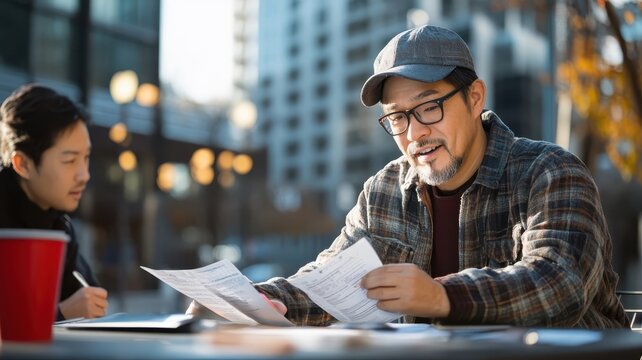 Asian men conducting a workshop on financial literacy, educating community members on budgeting and saving, with a professional setting and interactive discussions.