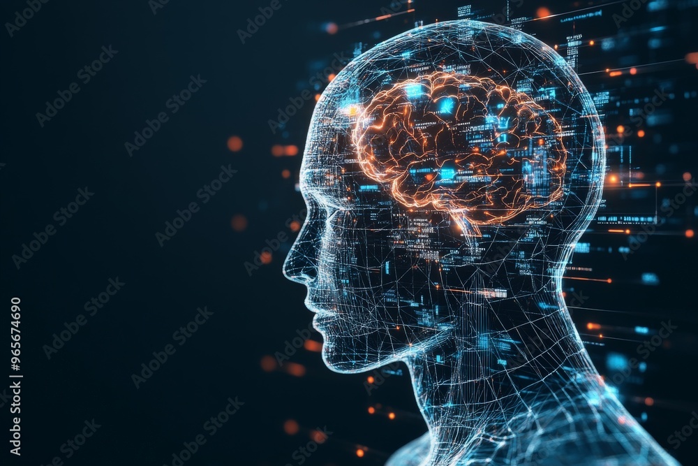 Poster a stylized digital rendering of the human brain with illuminated neural connections, symbolizing the
