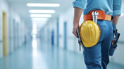 Close-up of an electrician's hand holding a helmet and tools in a tool belt, with a blurred hospital hallway in the background on a white background. Focused shot.