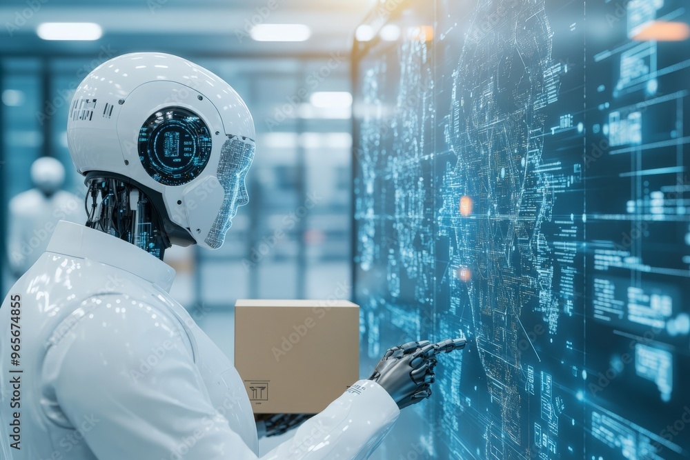 Poster a humanoid robot analyzes complex data on a large digital screen in a modern office setting, showcas