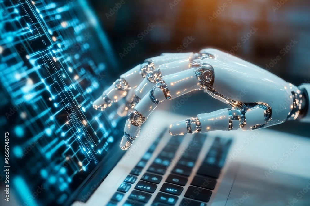 Poster a futuristic robotic hand reaches out to interact with a digital interface on a laptop, symbolizing 