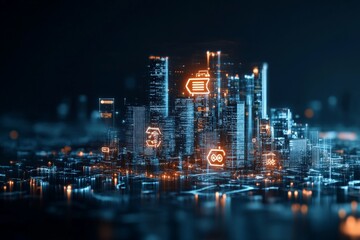 Cityscape at night enhanced with glowing neon elements and holographic overlays, representing modern technology's integration into urban life, creating a futuristic vibe.