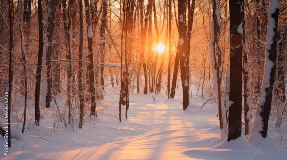 Aufkleber sunlight filtering through bare branches in a snowy forest at sunset