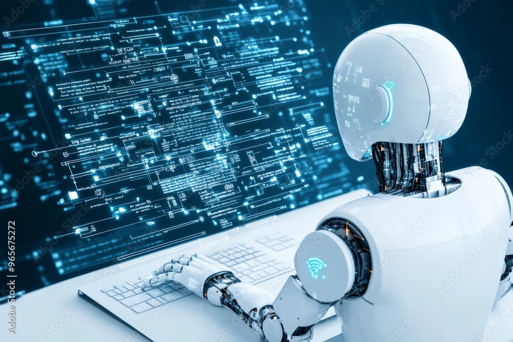 Poster a robot engaged in computer programming, as glowing holographic code data is shown on a digital inte