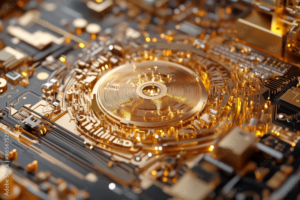 Aufkleber close-up of a golden circuit board highlighting intricate and glowing electronic components, symboli