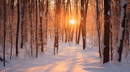 Sunlight filtering through bare branches in a snowy forest at sunset
