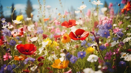 Photograph of a vibrant wildflower meadow in full bloom, basking under the warm glow of a summer...