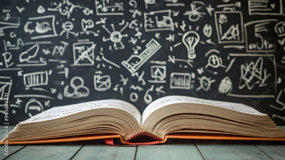 Poster blurry chalkboard with drawings and formulas in the background of an open book on a desk
