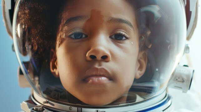 Curious African American child astronaut with helmet exploring space