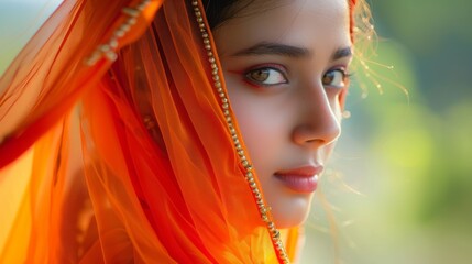 Beautiful Indian woman in an orange sari