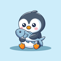 Cute Penguin Holding Fish Cartoon Vector Icon Illustration. Animal Nature Icon Concept Isolated Premium Vector. Flat Cartoon Style