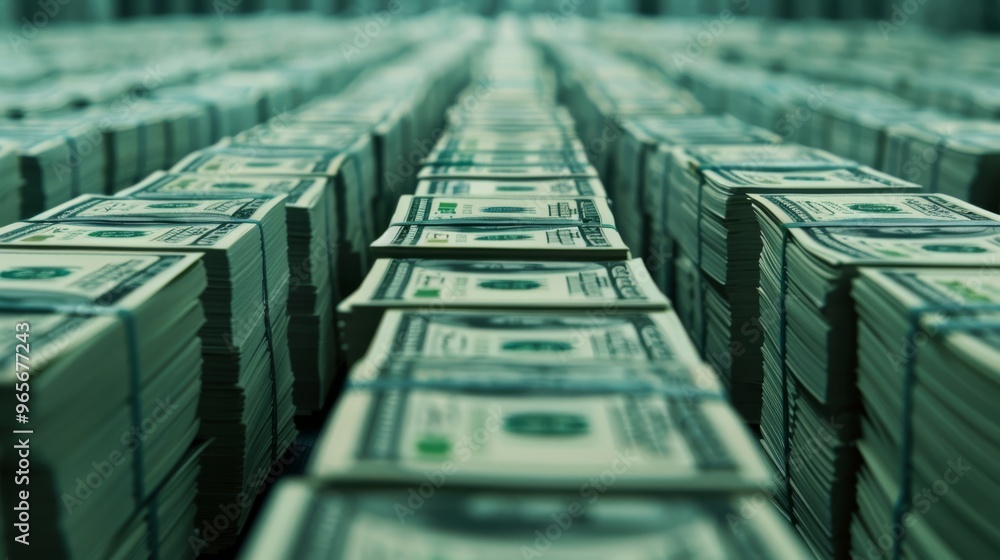 Poster rows of us dollar bundles arranged symmetrically