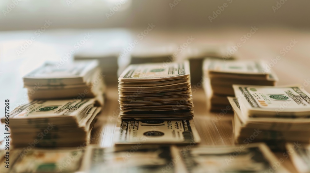 Poster high stacks of us currency on a clean surface
