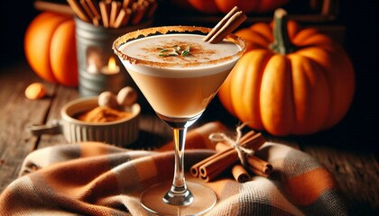 Fototapeta premium creamy pumpkin spice cocktail garnished with cinnamon and nutmeg, presented in an elegant glass on a rustic wooden table, surrounded by seasonal decorations including pumpkins and cinnamon sticks.