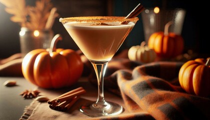 A martini glass filled with a creamy beverage, garnished with cinnamon and sugar on the rim, sits on a table draped with a plaid cloth. In the background, several pumpkins and autumn leaves create a c