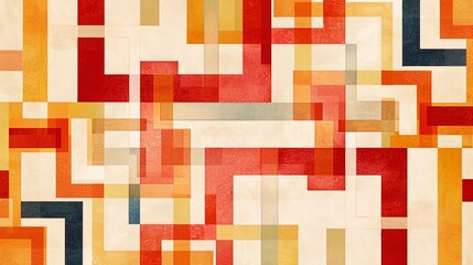 Abstract geometric pattern with overlapping colorful rectangles in red, orange, yellow, blue, and gray on a beige background.