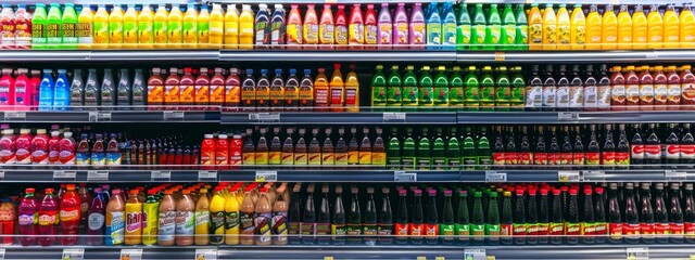 Supermarket shelves filled with a variety of colorful beverages