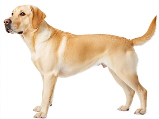 Beautiful yellow labrador retriever posing on white background