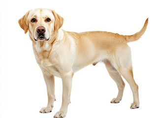Beautiful yellow labrador retriever posing on white background