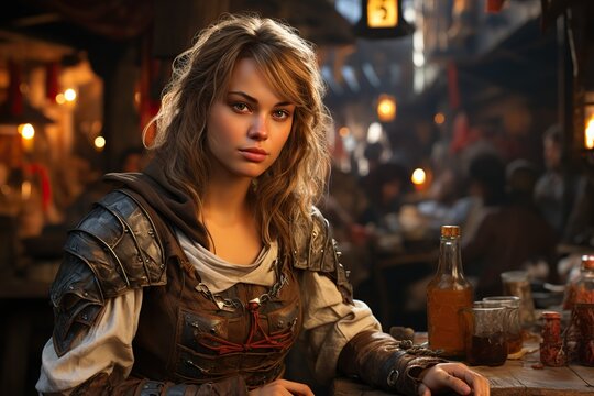 female young paladin in a medieval tavern, illustration