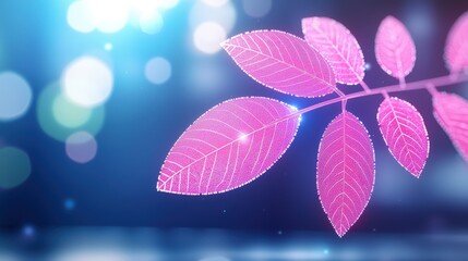 A vibrant pink leaf against a blurred blue background, creating a stunning visual effect of nature and color harmony.