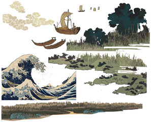 set of elements in Ukiyoe style