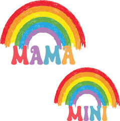 Watercolor Rainbow Mama and mini lettering vector file, matching shirts design