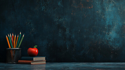 Back to school theme with color pencils, books, and a red apple on a desk against a dark blue grunge background with space for text