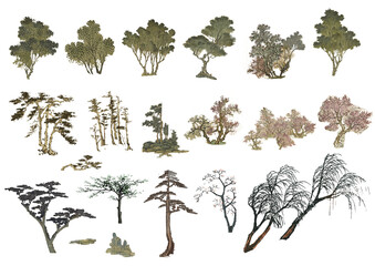 set of trees in Chinese traditional painting style.