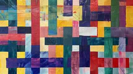 Abstract painting with colorful squares and rectangles in a grid pattern.