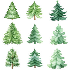 Obraz premium Watercolor illustration of green Christmas trees with unique designs, isolated on white. Ideal for holiday greeting cards or festive projects. 