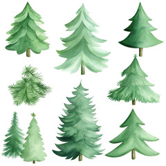 Obraz premium Watercolor illustration of green Christmas trees with unique designs, isolated on white. Ideal for holiday greeting cards or festive projects. 