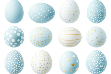 Fototapeta premium A collection of blue and white polka dot and striped Easter eggs with gold accents. Isolated on white background.