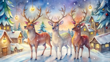 Watercolor Reindeer Herd with Colorful Christmas Tree