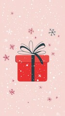 Obraz premium A vibrant, wrapped gift box surrounded by snowflakes on a soft pink backdrop captures the essence of festive celebration