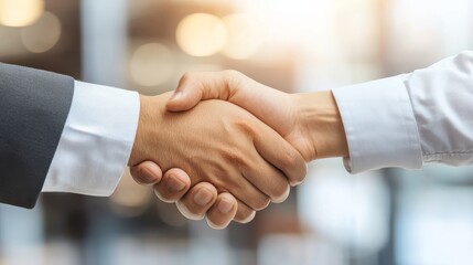 Executives shaking hands with a blurred office setting in the background