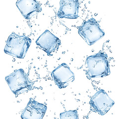 Splashing ice cubes scattered in mid-air, creating a dynamic motion effect. Isolated on white background.

