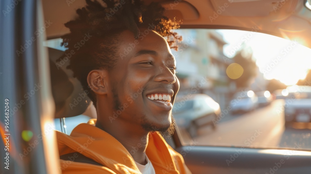 Canvas Prints Afro person grinning while seated in the driver's seat