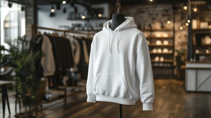 mock up of plain white hoodie in shop displayed on mannequin